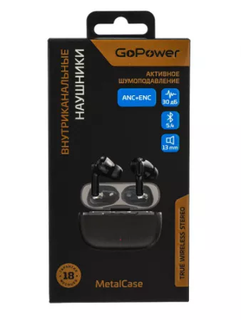 MetalCase Наушники внутриканальные, bluetooth 5.4 с микр. ANC+ENC, графит, GoPower, 00-00035194