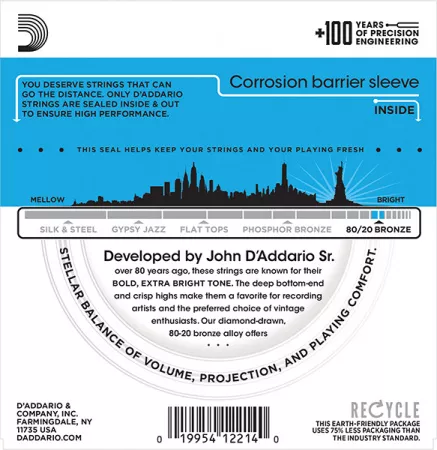 EJ36 BRONZE 80/20 Струны для акустической 12-струннойгитары бронза 12-srt Light 10-47 D`Addario