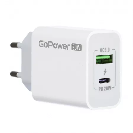 Сетевое зарядное устройство GPQC08, 1USB+1Type-C, 20Вт QC3.0, белый, GoPower, 00-00028401
