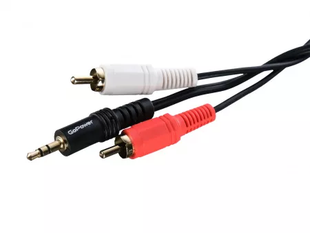 Кабель AUX 3.5мм-2xRCA 1.5м ПВХ черный в пакете, GoPower, 00-00027488