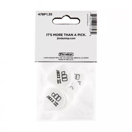 Tortex White Jazz III Медиаторы 12шт, толщина 1,35мм, Dunlop, 478P1.35