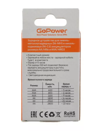 Basic 150 Зарядное устройство для аккумуляторов Ni-MH/Ni-Cd 2 слота, GoPower, 00-00031386