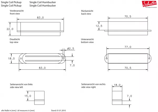 2244B Single-Coil Humbucker  размеры звукоснимателя хамбакер с одной катушкой SCHALLER