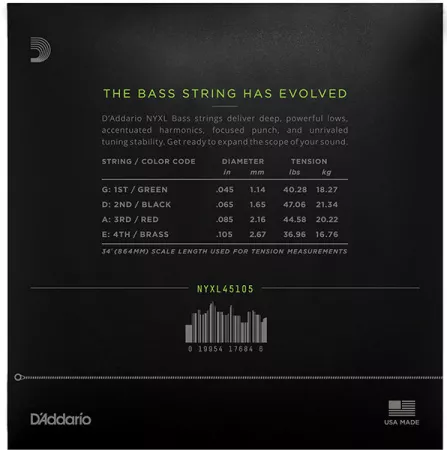 NYXL45105 NYXL Комплект струн для бас-гитары, Long Scale, L Top/Med Bottom, 45-105, D'Addario