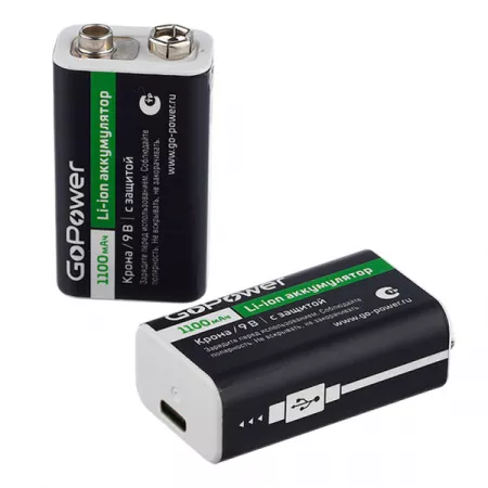 Аккумулятор бытовой Крона БОКС2 Li-ion 9V 1100mAh Type-C, GoPower, 00-00037260
