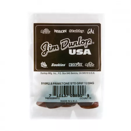 Primetone Медиаторы, 12шт, толщина 2,5мм, с насечкой, стандартные, Dunlop, 510R2.5