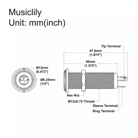 Разъем джек панельный, моно, черный, Musiclily, MX2396BK