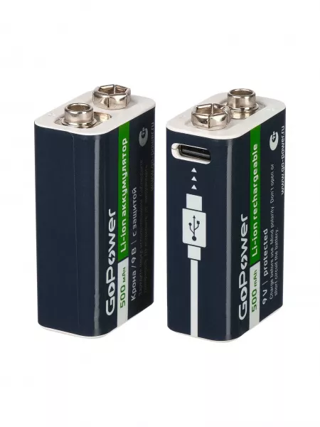 Аккумулятор бытовой Крона Li-ion 9В 500мАч Type-C, 2шт, GoPower, 00-00031391  рис.2 