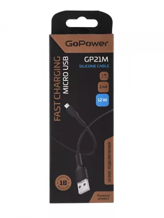 Кабель GP21M USB (m)-microUSB (m) 2.4A силикон черный, GoPower, 00-00028366