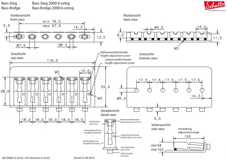 23364 Bassbridge 2000 6 CH Размеры бриджа (струнодержателя) для 6-ти струнной бас-гитары SCHALLER