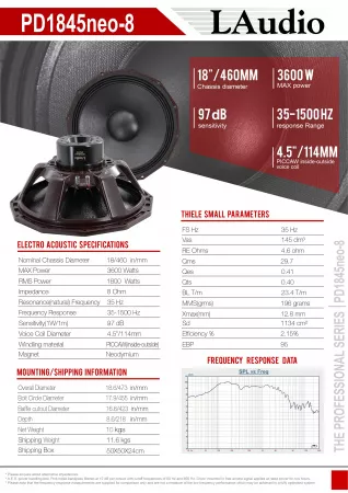 Динамик 18", 1800Вт, 8 Ом, LAudio, PD1845neo-8