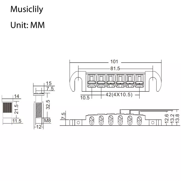 Бридж Tune-o-matic Wraparound для Gibson Les Paul, никель, Musiclily, MX1280NK  рис.2 